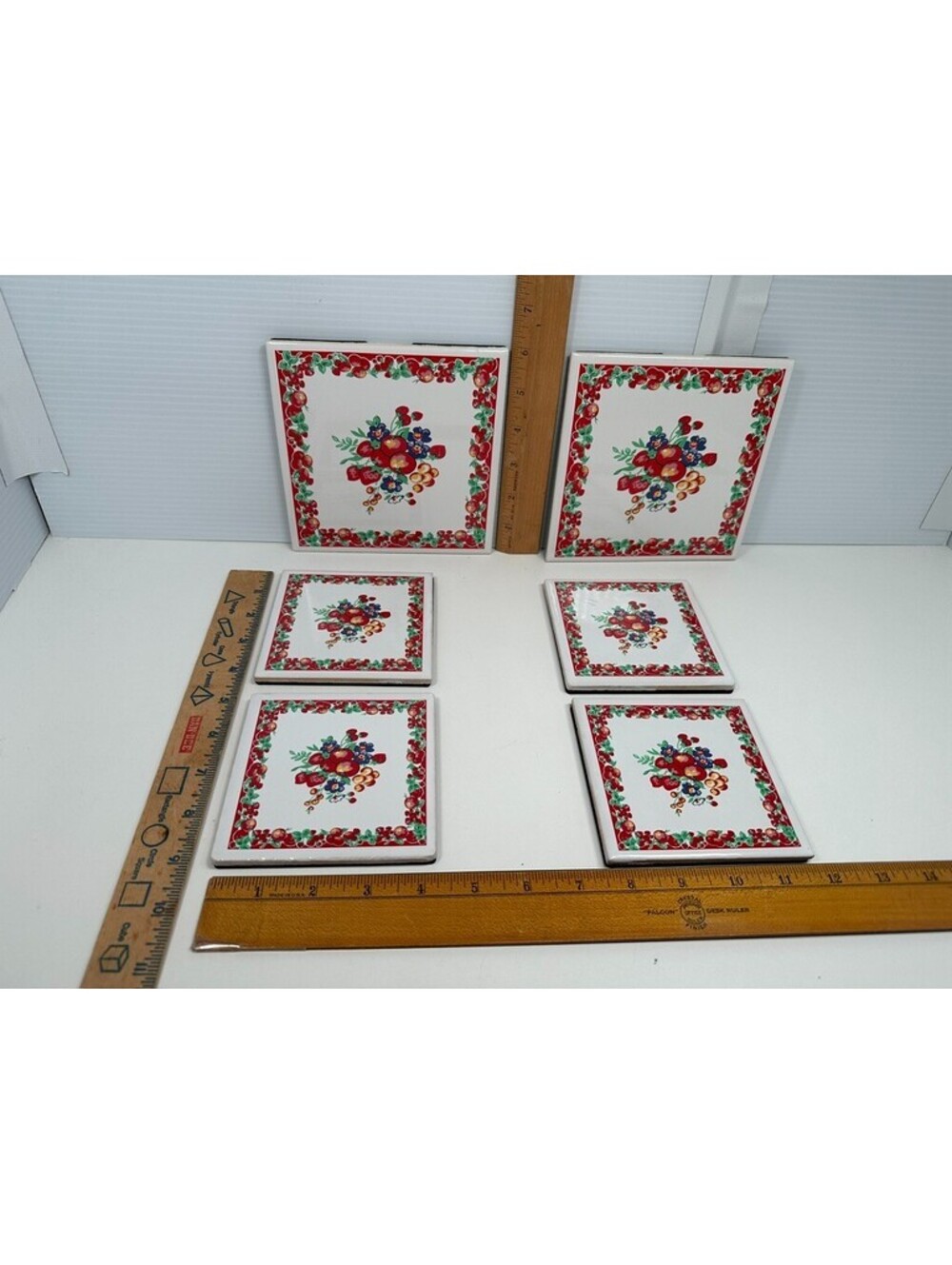 Lot 6 Vintage Retro Ceramic Tile Trivets Coasters Strawberry Apple Fruit Flower